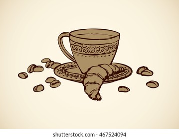 Kitchen still life bowl mug fresh hot brazil chocolate cocoa liquid isolated white backdrop. Hand drawn picture sketch in art retro graphic brown engraving art style. Closeup view morning break bun 