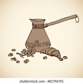Kitchen still life of bun, percolator with fresh hot brazil chocolate cocoa isolated on white background. Hand drawn picture sketch in art retro graphic engraving style. Closeup and space for text