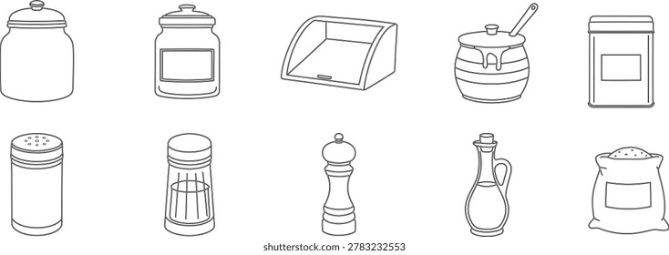 Kitchen storage container condiment jar line art icons collection