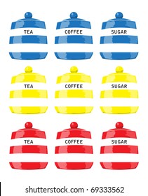 Cajones para guardar té, café y azúcar en colores primarios. Formato vectorial EPS10