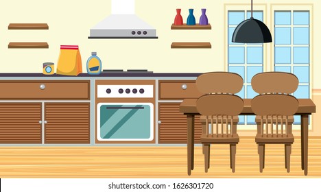 Cocina con fogones y mesa de comedor