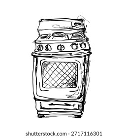 A kitchen stove is drawn in a simple outline. It features four burners on top and a spacious oven below. This sketch highlights basic kitchen elements.