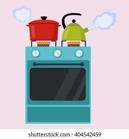 Kitchen stove flat style isolated vector illustration. Boiling pot and kettle on the stove. Preparing food, cooking.