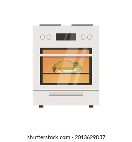 Kitchen stove flat vector illustration. Baking chicken in the oven. Preparing food, cooking.