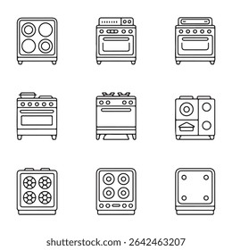 Coleção De Ícones De Fogão De Cozinha. Ilustração vetorial de diferentes tipos de fogões e fornos de cozinha
