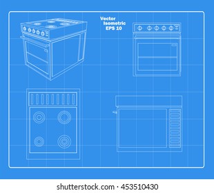 Kitchen Stove Iso Four View Schematic Vector Illustration