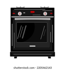 Kitchen stove isolated on white background. Black gas cooker stove with oven. Household equipment for preparing food, cooking. Cook appliance front view. Stock vector illustration