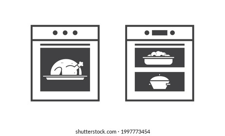 kitchen stove line icon oven with meals inside home appliance concept horizontal