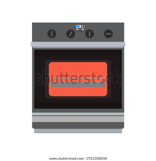 Kitchen stove with oven cooking appliance object\
home. Isolated equipment kitchen stove food vector icon electric\
technology household. Domestic oven appliance interior symbol\
machine cartoon icon
