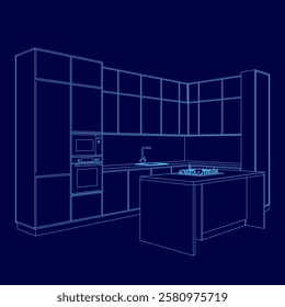 A kitchen with a stove, oven, microwave, sink. The kitchen is blue
