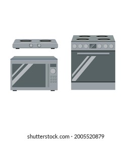 Kitchen stove with oven, microwave, tiles on a white isolated background. The style of the drawing is flat, cartoon.