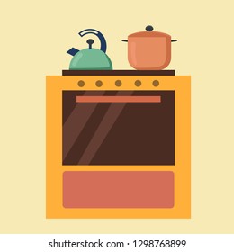 Kitchen stove, oven, teapot and pot. Flat cartoon style vector illustration.