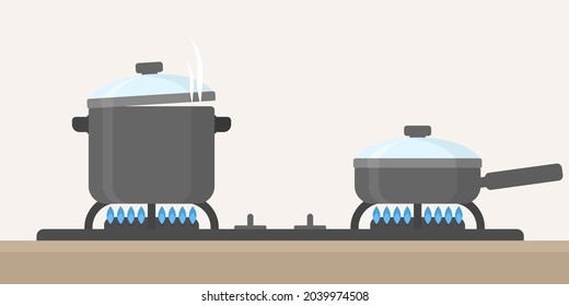Cubierta de cocina y cacerola, ilustración vectorial de diseño plano de sartén frito