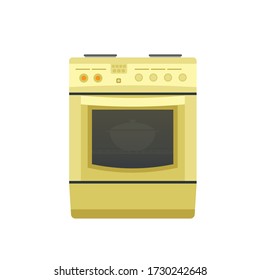 Kitchen stove with a pot inside an oven. Flat style kitchen interior and appliance element.