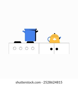 Kitchen stove with pot and kettle in flat vector illustration symbolizing home cooking, kitchenware, and meal preparation, isolated on white background.