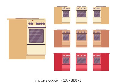 Kitchen stove set. House appliance, cooking food equipment with cooktop and oven for baking. Vector flat style cartoon illustration isolated on white background, different views and colors