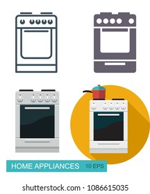 Kitchen stove. Set of icons in different styles.