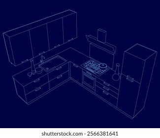 Kitchen with a stove and sink. The kitchen is blue and has a modern design. The stove is located in the middle of the kitchen and the sink is on the left side