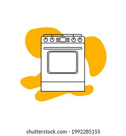 Kitchen stove vector icon on yellow background. Household appliances vector in black line style. Flat illustration