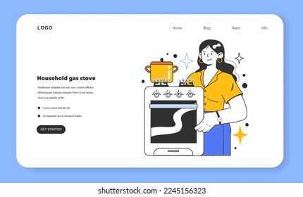 Kitchen stove web banner or landing page. Household gas appliance. Annual checking or maintaining of gas equipment. Fossil fuel and eco-friendly energy. Flat vector illustration