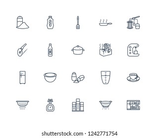 Kitchen, Strainer, Seasoning, kitchen Scale, colander, tea infuser, Toaster, Salt, Fridge, spice jar, Spatula outline vector icons from 20 set