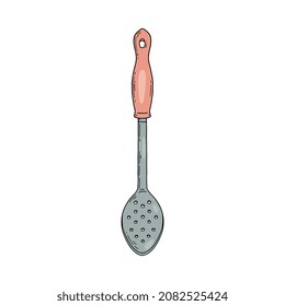 Herramienta de la cuchara de la cocción o de la cuchara de skimmer, ilustración del vector dibujado a mano aislada en el fondo blanco. Instrumento de cocina con cuchara acanalada y símbolo de cocina.