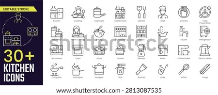 Kitchen Stroke icon collections. Containing Kitchen, cooking, cookware, kitchenware, utensils, chef, culinary, food preparation, and meal prep icons. Editable Stroke icon collection Outline icon
