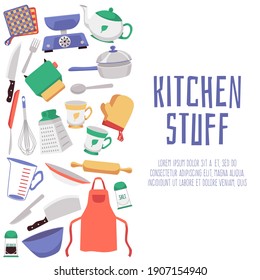 Fondo de banner de la cocina con varios utensilios de cocina y vajilla, ilustración vectorial plana. Diseño de afiches con marco de utensilios y suministros de cocina.