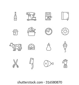 Kitchen stuff Cooking and Food icons lineart design vector set: Champagne, Coffee machine, Jam, Pan, Donut, Cow, Sandwich, Sugar, Weights, Scissors, Hatchet, Ham, Leg of veal, Mixer. Line art outline