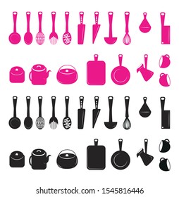 Kitchen stuff, cooking tools set, coffee pot and mug on the wall. Kitchen icons. 