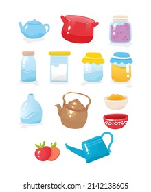 Kitchen stuff cute cartoon vector illustration set, cooking equipment collection isolated on white background. Teapot, pot, jar with jam, honey. Bottle, kettle, bowl, watering can