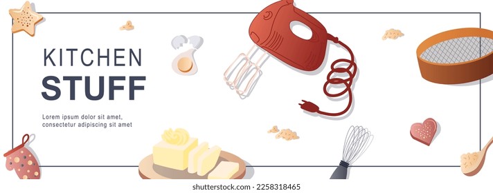 Kitchen stuff horizontal web banner. Mixer, sieve, whisk, spoon, egg, butter, potholder and other kitchenware and utensils. Vector illustration for header website, cover templates in modern design