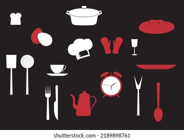 Kitchen stuff icons in flat style isolated on black background