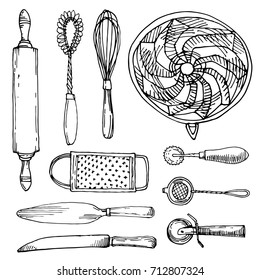 Kitchen stuff set with Whisk for whipping, knife, rolling pin line art hand drawn stock vector illustration