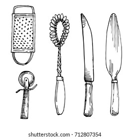 Kitchen stuff set with Whisk for whipping, knife line art hand drawn stock vector illustration