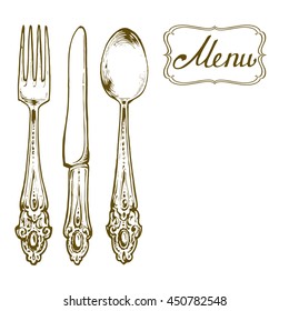 kitchen stuff silverware knife, fork and spoon vintage hand drawn illustration