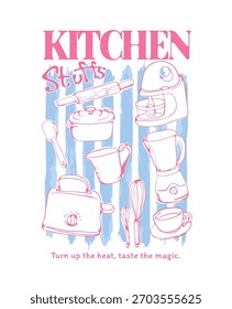slogan de coisa de cozinha com mão desenhado linha arte utensílios de cozinha em listras fundo vetor ilustração 