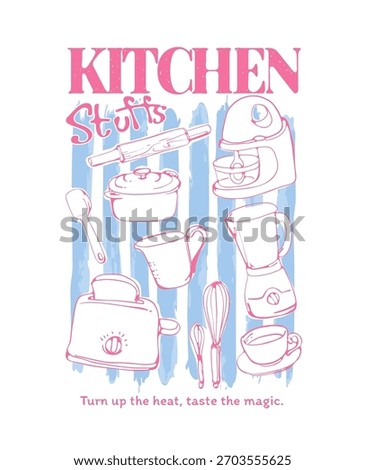 kitchen stuff slogan with hand drawn line art kitchen appliances on stripes background vector illustration 