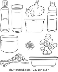 Kitchen stuff with spicy and herbs doodle. line vector set 