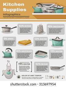  Kitchen stuff and utensils infographic set with apron saucepan spoon and fork flat vector illustration 