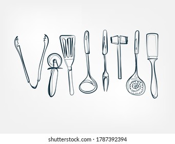 kitchen stuff vector one line art isolated illustration