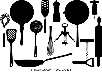 Kitchen stuffs silhouettes. Basis elements set on white background