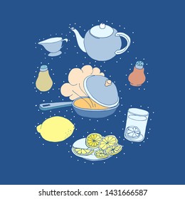 Kitchen supplies color hand drawn illustrations.  Tea time flat handdrawn cliparts. Teapot, cup and lemons sketch composition. Isolated cartoon items