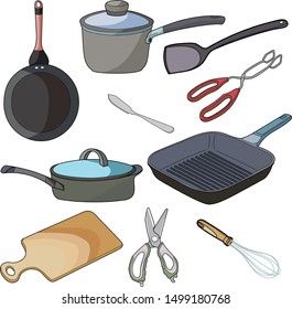  Kitchen supplies Color set. Tool and ware collection. Hand drawn doodle vector illustration.