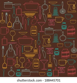 Kitchen supplies design over brown background, vector illustration