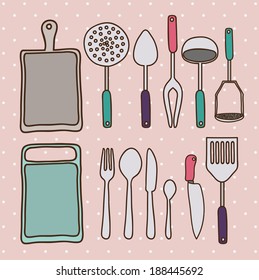 Kitchen supplies design over pink background, vector illustration