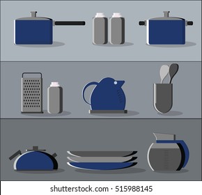 Kitchen supplies flat icons set Vector. Shelves with Cooking accessories 