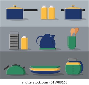Kitchen supplies flat icons set Vector. Shelves with Cooking accessories 
