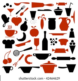 Kitchen supplies and food icons.