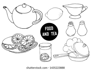 Kitchen supplies hand drawn illustrations. Teapot, cup and lemons sketch composition. Isolated cartoon items